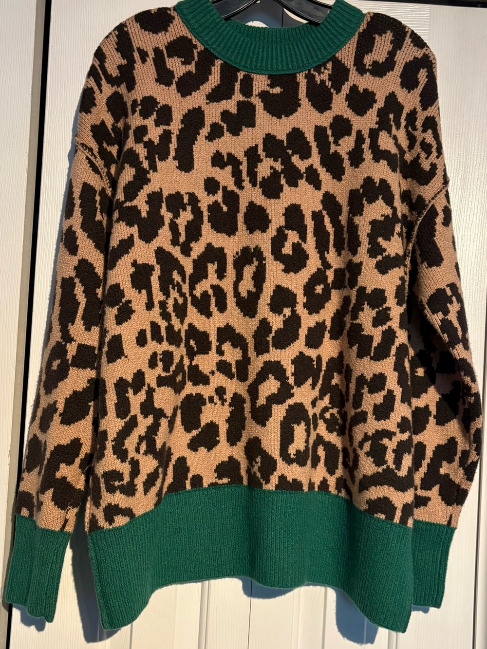 aerie Leopard Print Crewneck Sweater with Green Trim